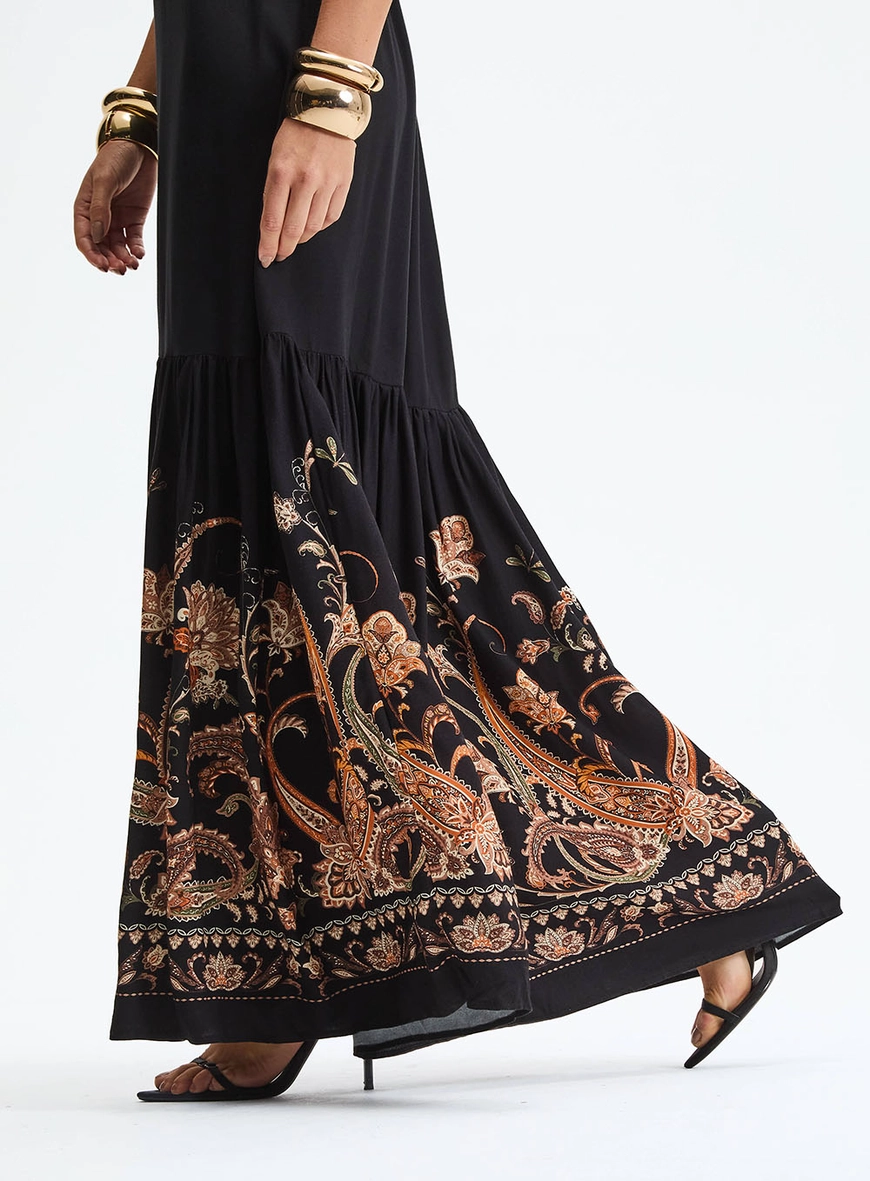Vestido Longo Godê Decote V - Floral Paisley Preto 3
