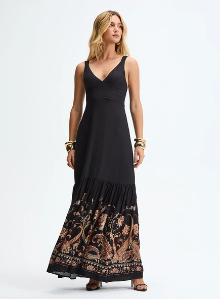 Vestido Longo Godê Decote V - Floral Paisley