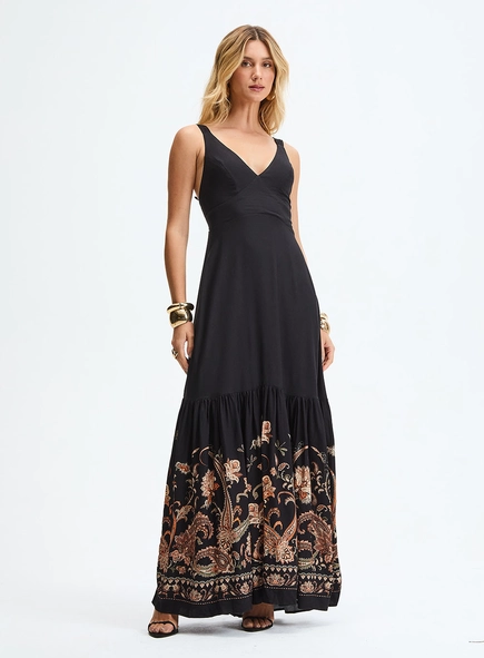 Vestido Longo Godê Decote V - Floral Paisley