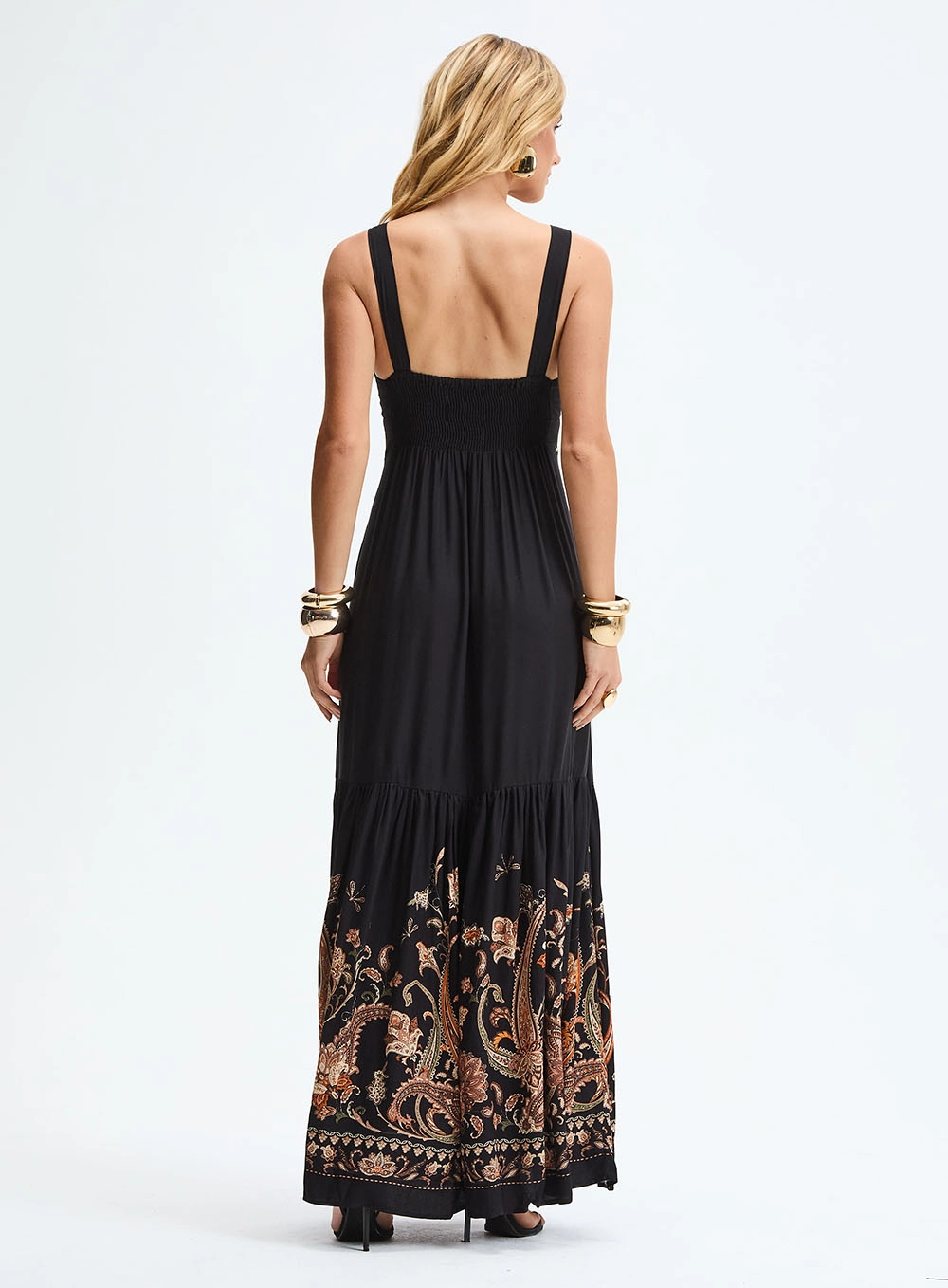 Vestido Longo Godê Decote V - Floral Paisley Preto 4