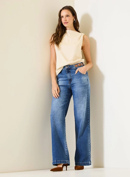 Calça Jeans Feminina Wide Leg Com Cintura Alta