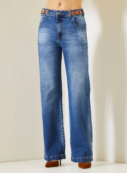 Calça Jeans Feminina Wide Leg Com Cintura Alta