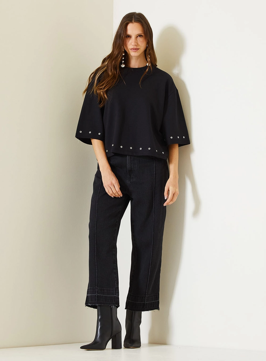 Calça Jeans Feminina Carol Com Barra Desfiada Indigo Preto 1