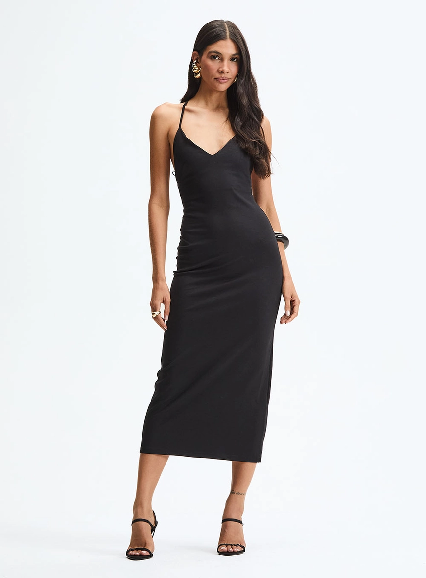 Vestido Midi Slim Com Frente Única Preto 2