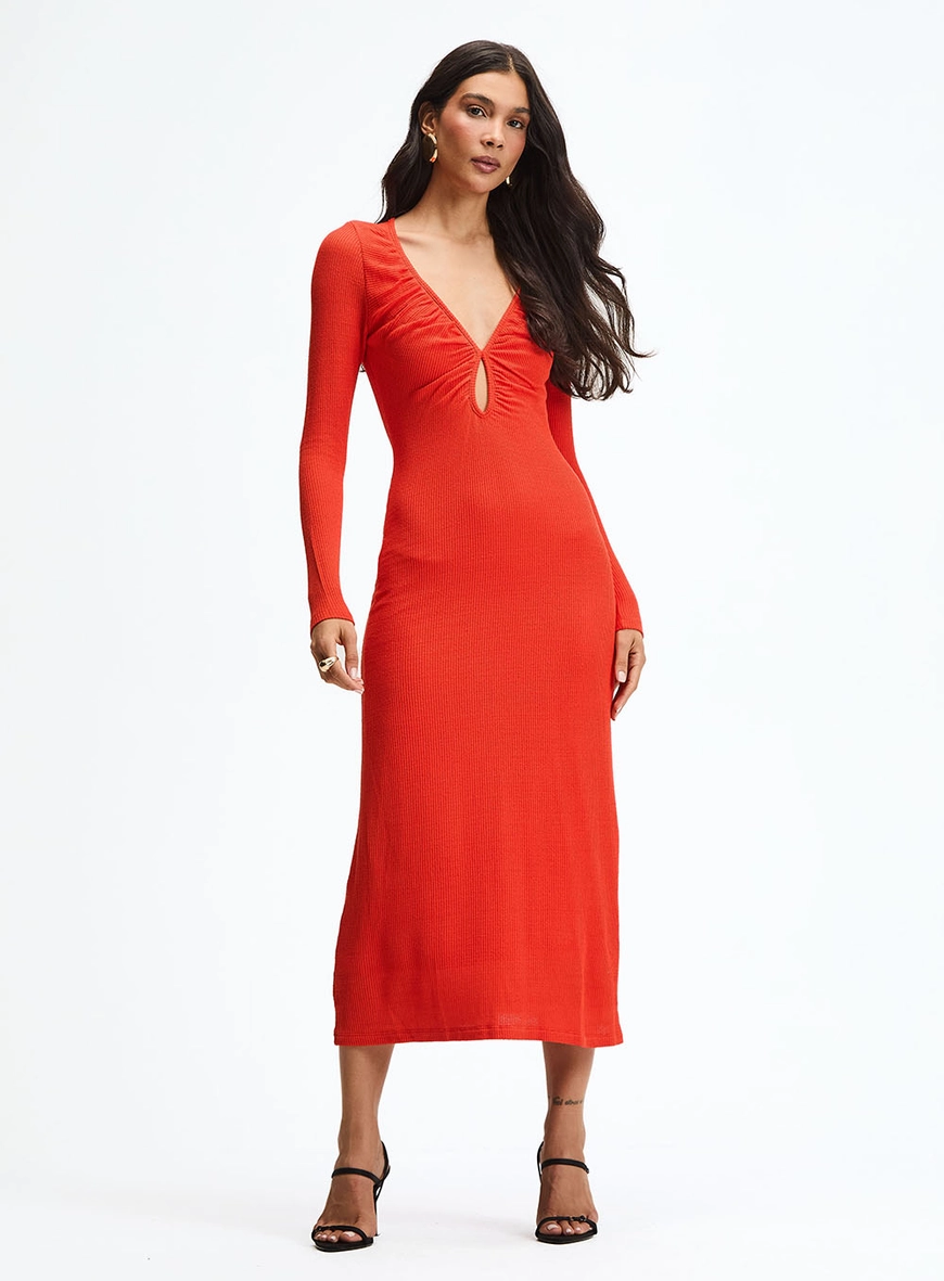 Vestido Longo Slim Manga Longa Laranja 2