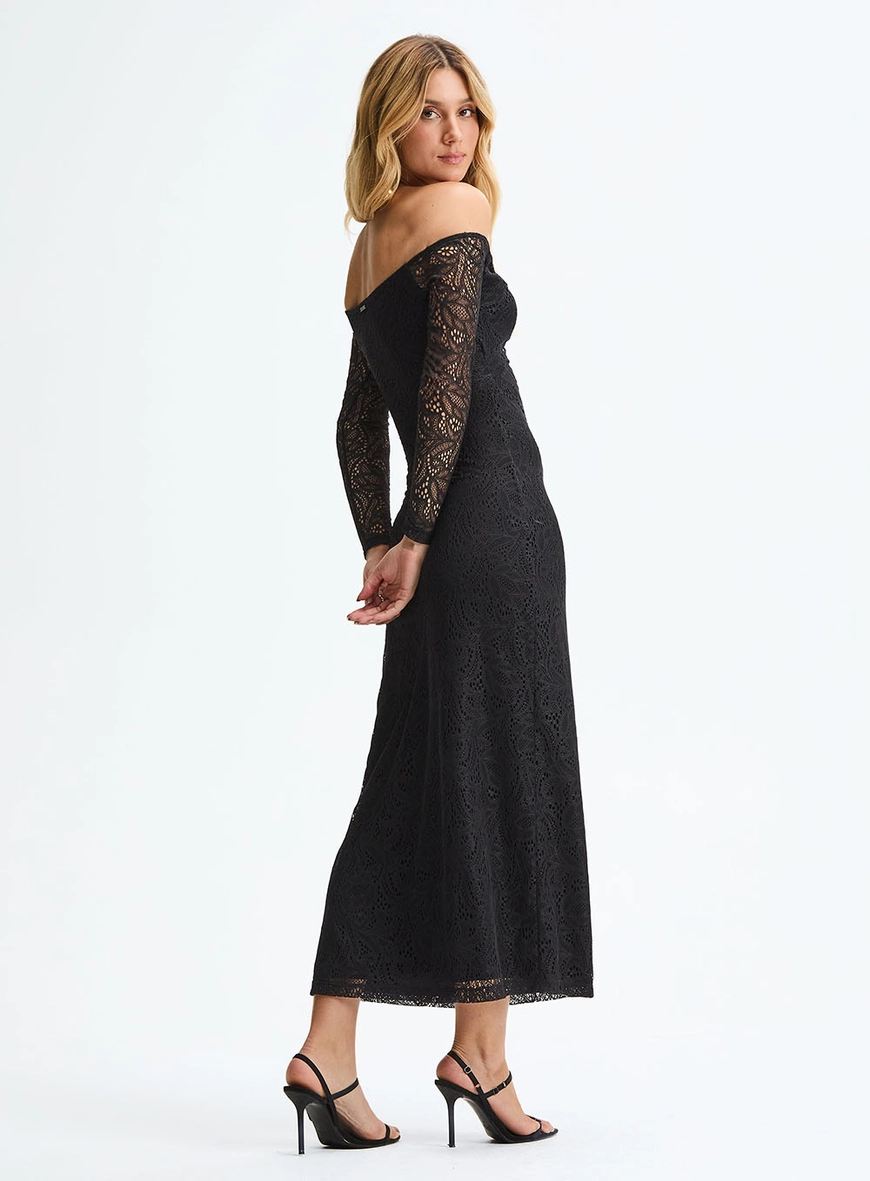 Vestido Midi Slim Com Decote Ombro A Ombro Preto 4