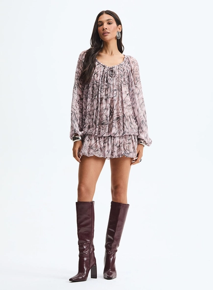 Vestido Curto Balonê Estampado Com Decote Redondo