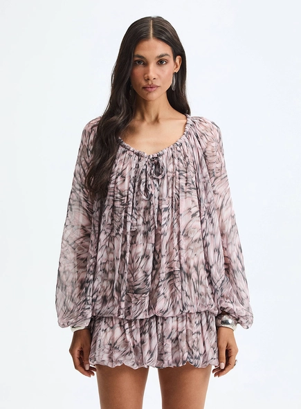 Vestido Curto Balonê Estampado Com Decote Redondo