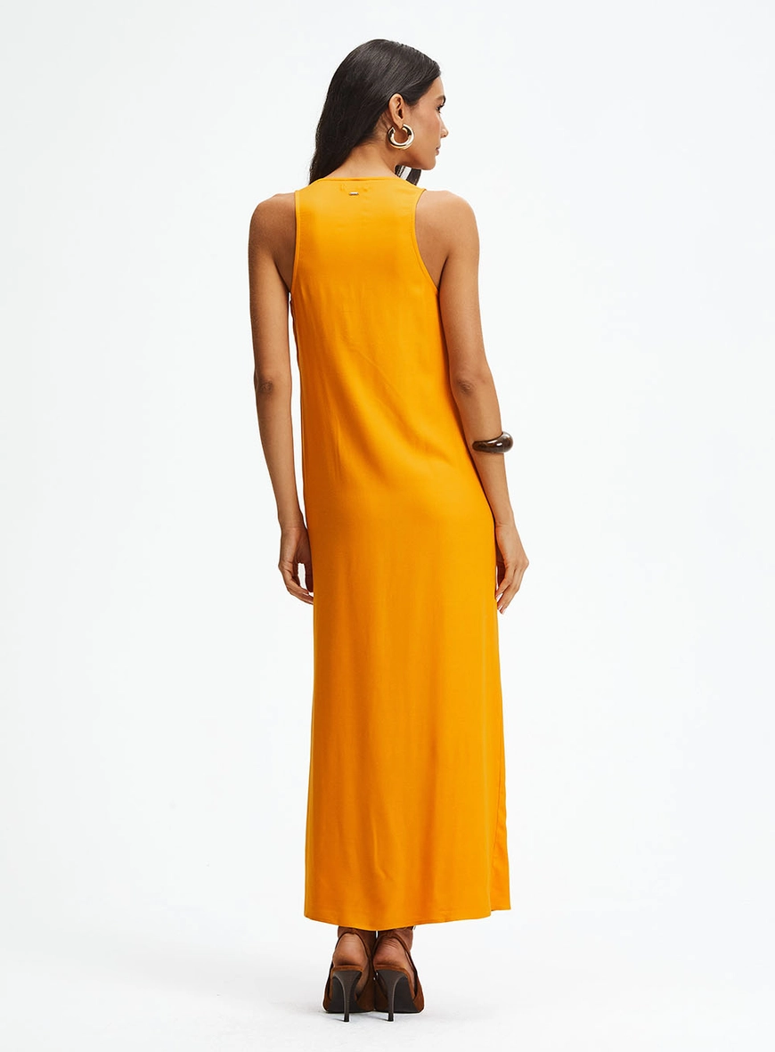 Vestido Longo Comfort Com Gola Degagê Laranja 4
