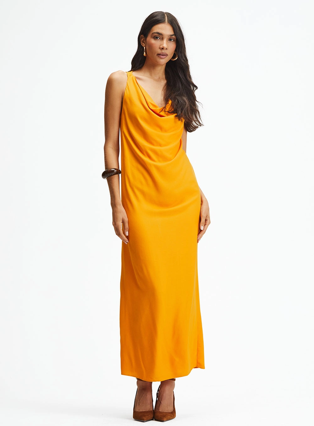 Vestido Longo Comfort Com Gola Degagê Laranja 2