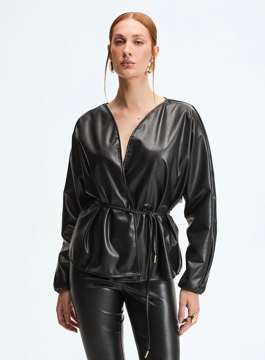 Casaco Feminino Transpassado Pu Preto 1