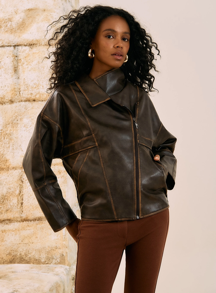Jaqueta Oversized Pu Aged Marrom 1