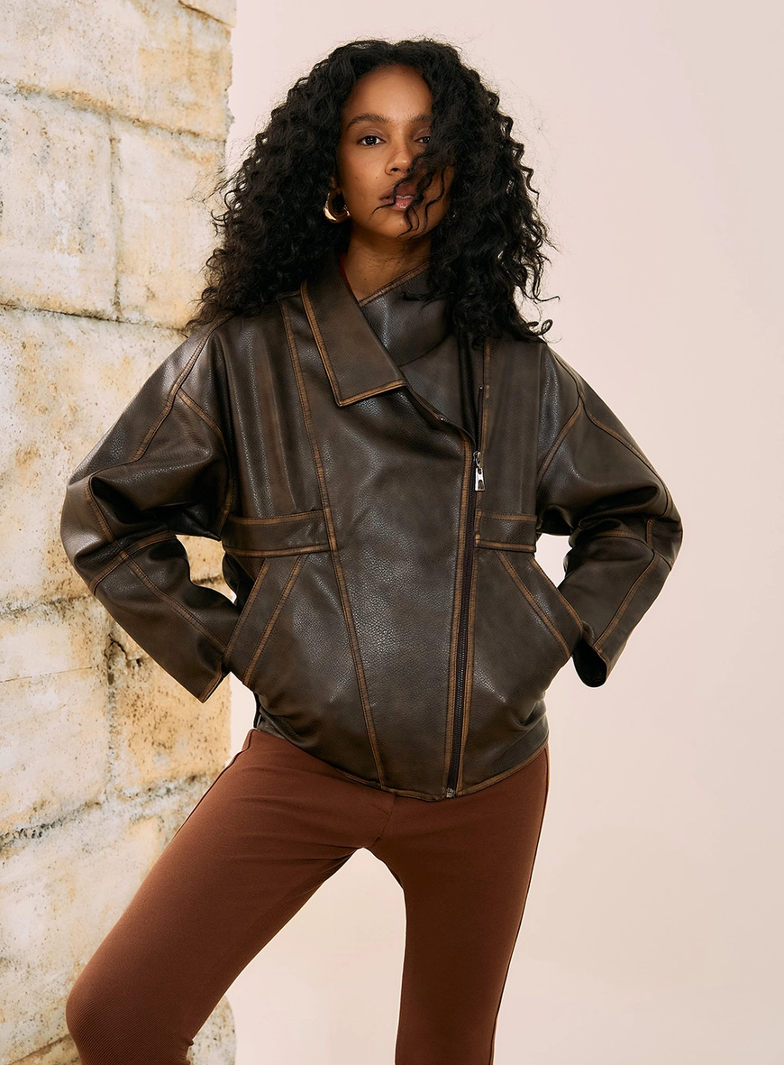 Jaqueta Oversized Pu Aged Marrom 4
