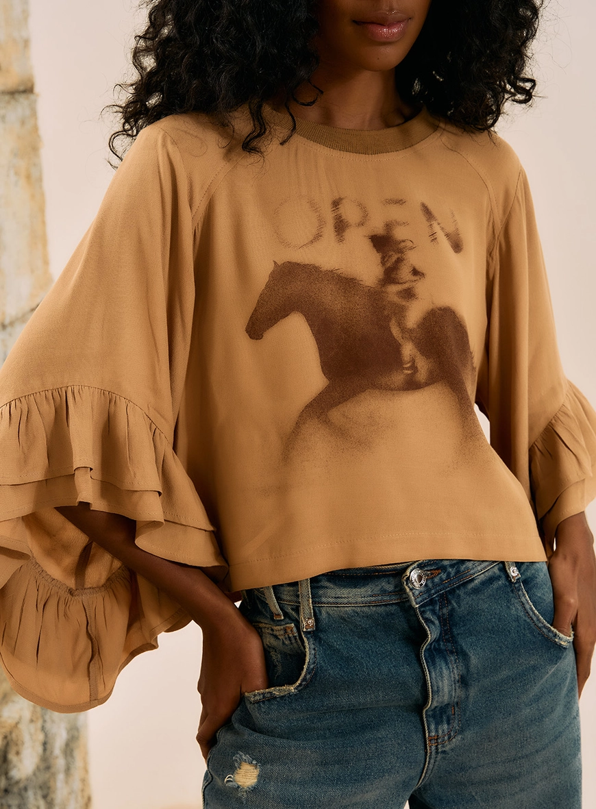 Camiseta De Mangas Volumosa Horse Print Bege 2