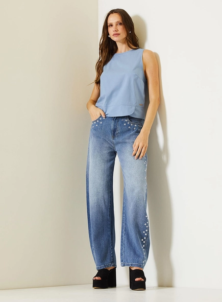 Calça Jeans Feminina Barrel Com Aplicação