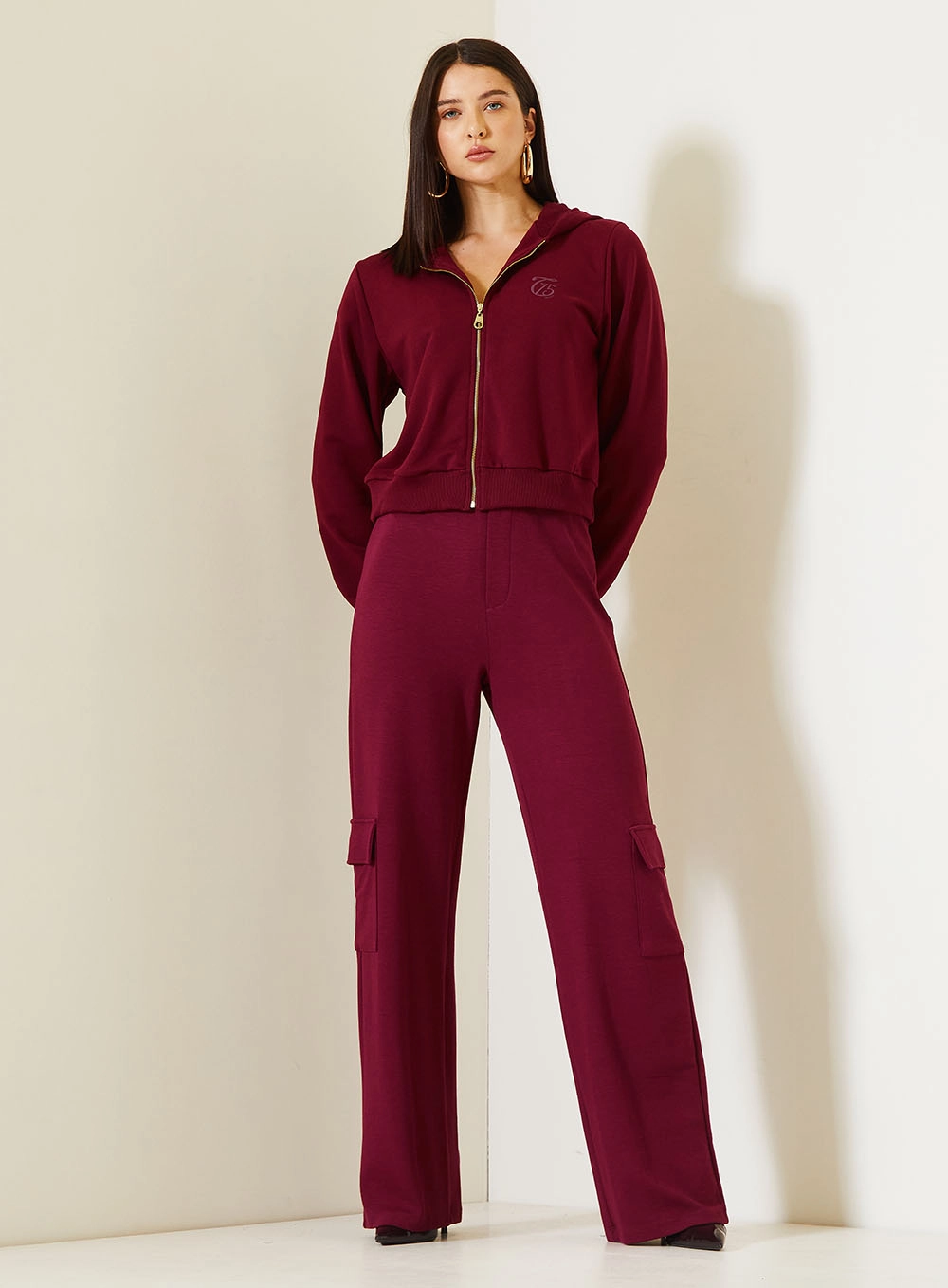 Calça Feminina Comfort Com Bolsos Cargo Bordô 1