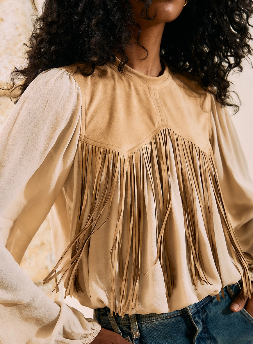 Blusa Manga Longa Com Franjas Bege 2