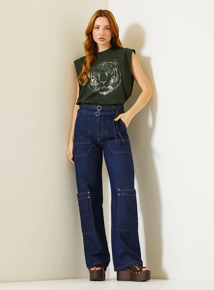 Calça Jeans Feminina New Loren Bolsos Cargo