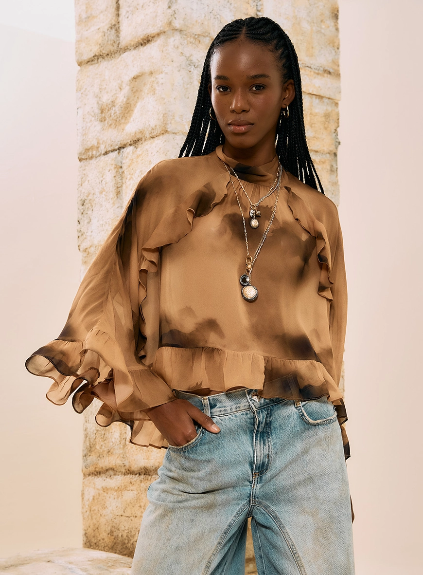 Blusa Fluída Estampada Com Babados Estampados 1