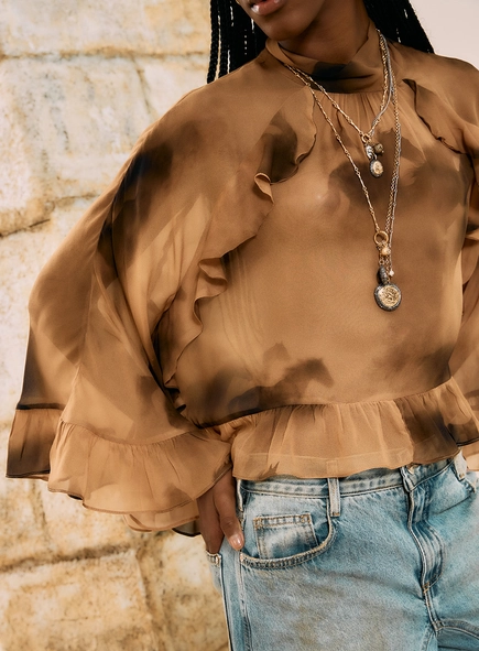 Blusa Fluída Estampada Com Babados