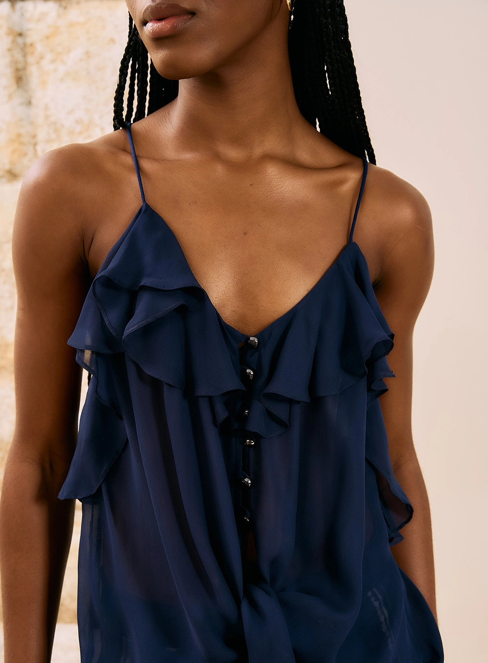 Blusa Com Babados E Alças Finas Azul 2