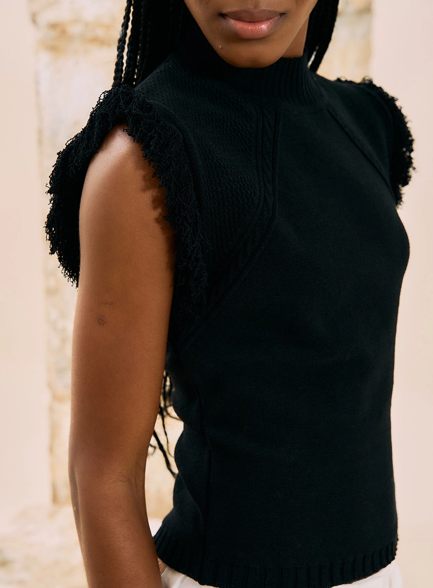 Blusa Em Tricot Com Franjas Preto 2