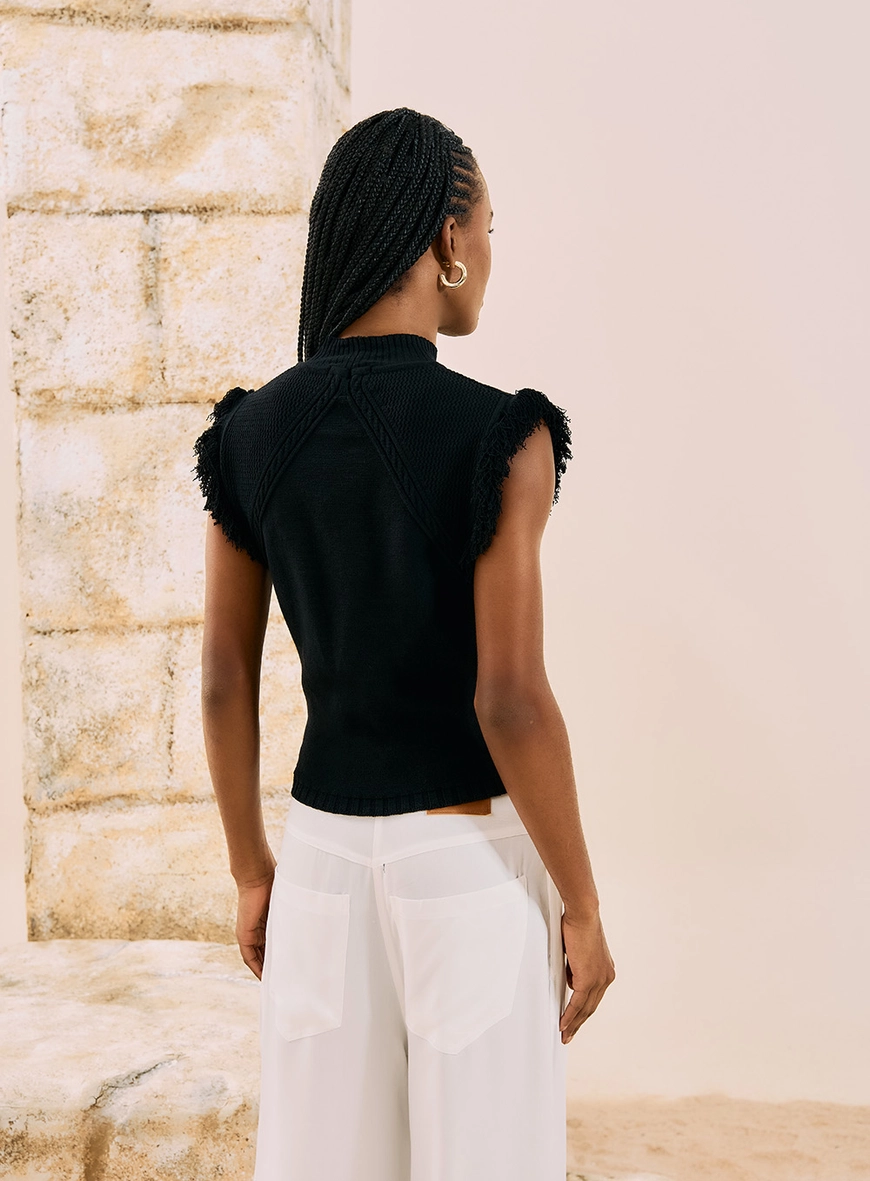 Blusa Em Tricot Com Franjas Preto 3