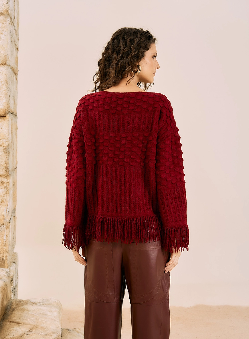 Blusa Tricot Com Franjas Bordo 2