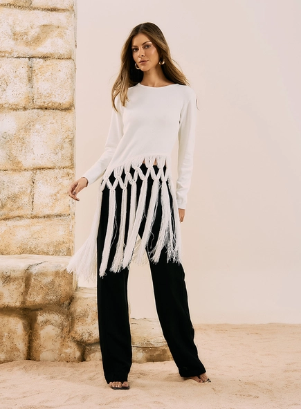 Blusa Manga Longa Assimétrica Com Franjas