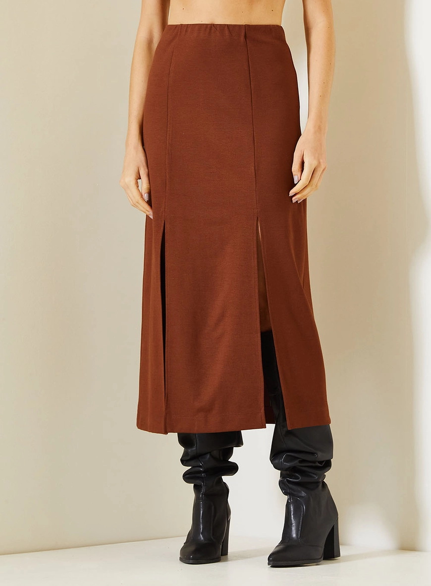 Saia Midi Comfort Com Fendas Frontais Marrom 2