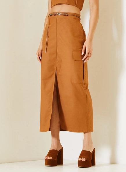 Saia Midi Comfort Com Fenda Frontal E Bolsos Cargo