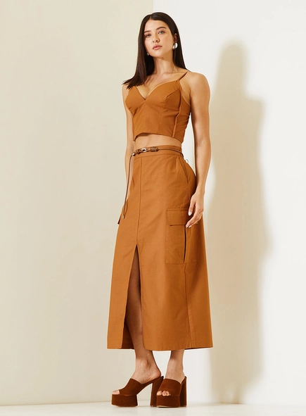 Saia Midi Comfort Com Fenda Frontal E Bolsos Cargo