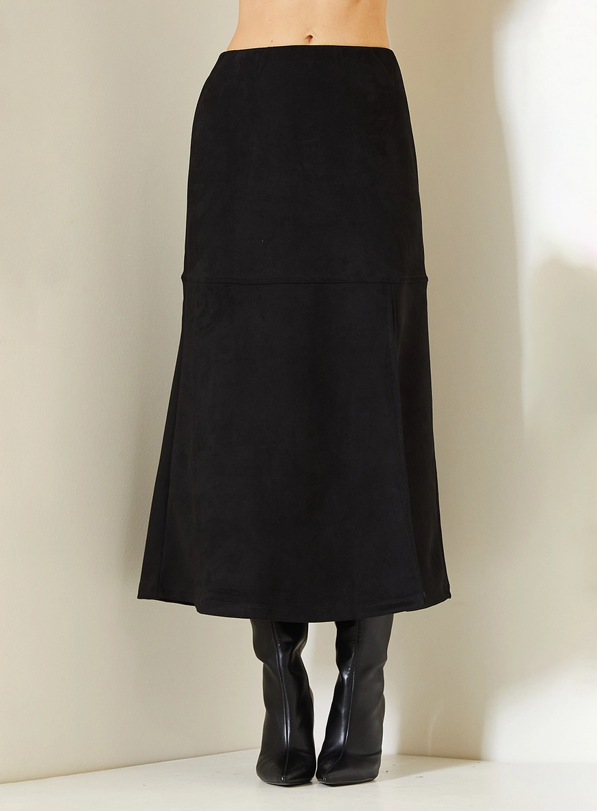 Saia Midi Suede Comfort Com Fenda Preto 2