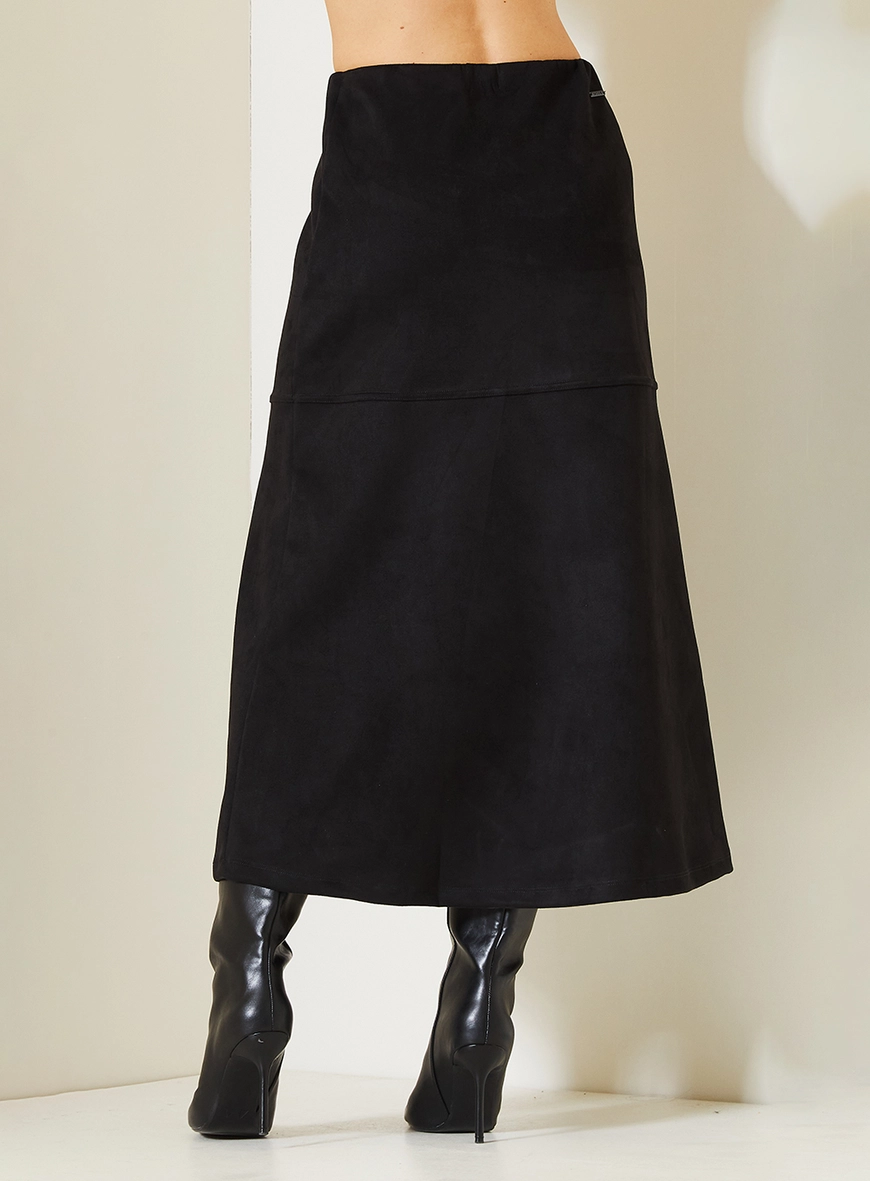 Saia Midi Suede Comfort Com Fenda Preto 4