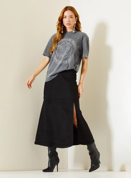 Saia Midi Suede Comfort Com Fenda