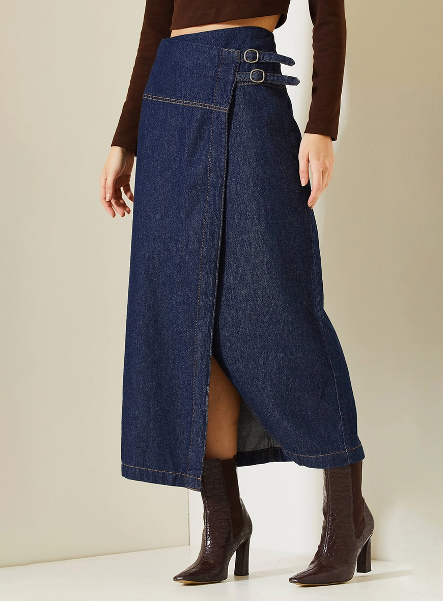 Saia Jeans Midi Stella Com Transpasse Índigo 2