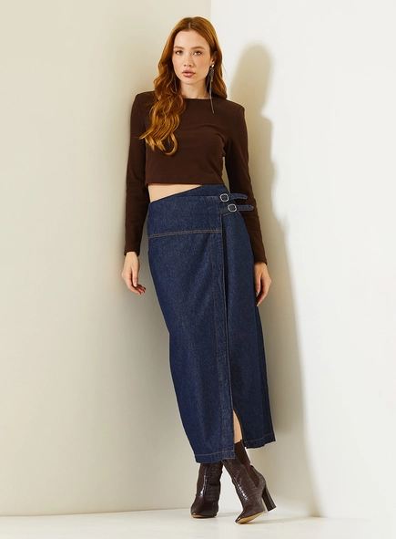Saia Jeans Midi Stella Com Transpasse