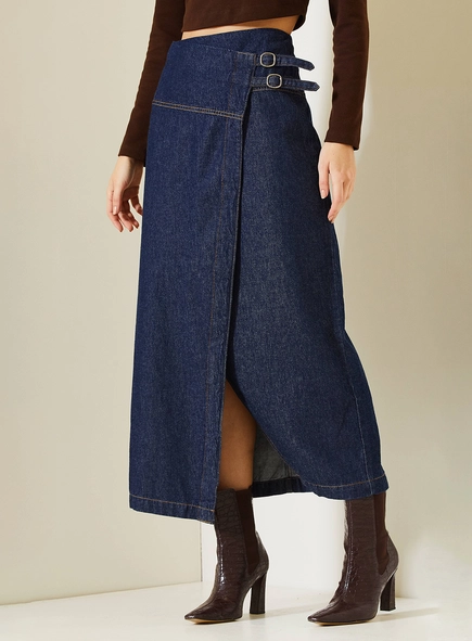 Saia Jeans Midi Stella Com Transpasse