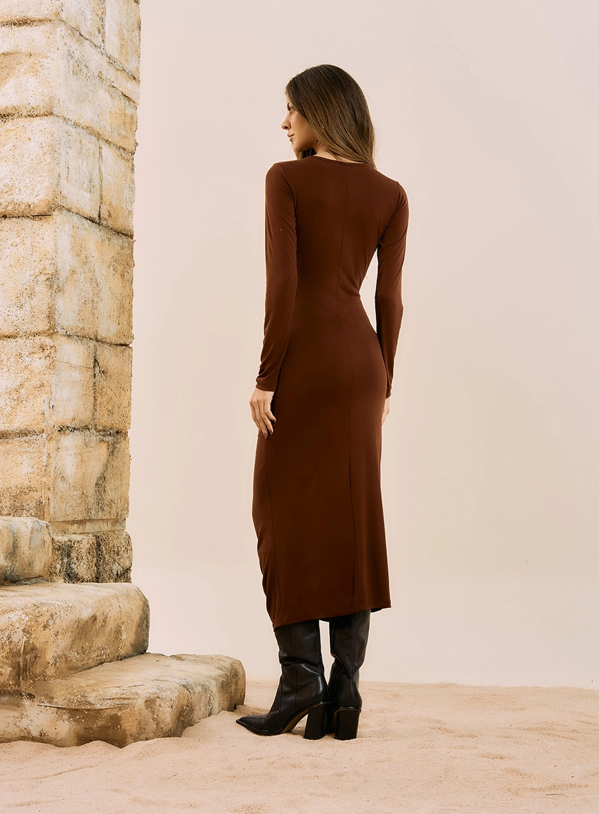 Vestido Midi Manga Longa Braided Marrom 3