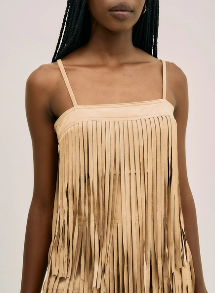 Vestido Curto Em Camurça Com Franjas