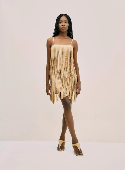 Vestido Curto Em Camurça Com Franjas