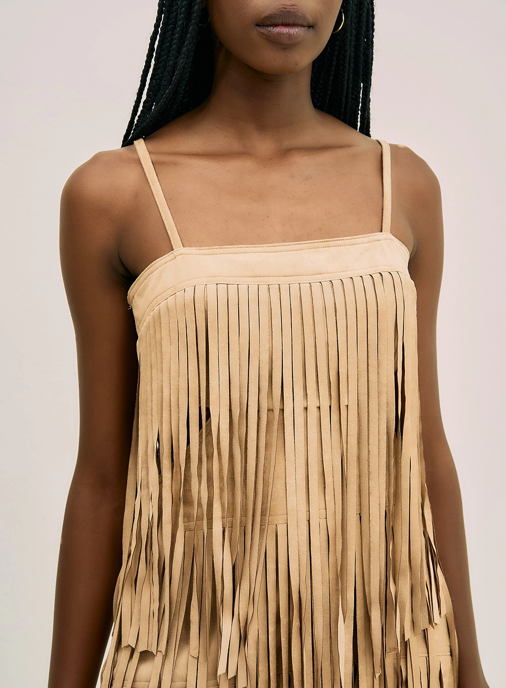 Vestido Curto Em Camurça Com Franjas Bege 2