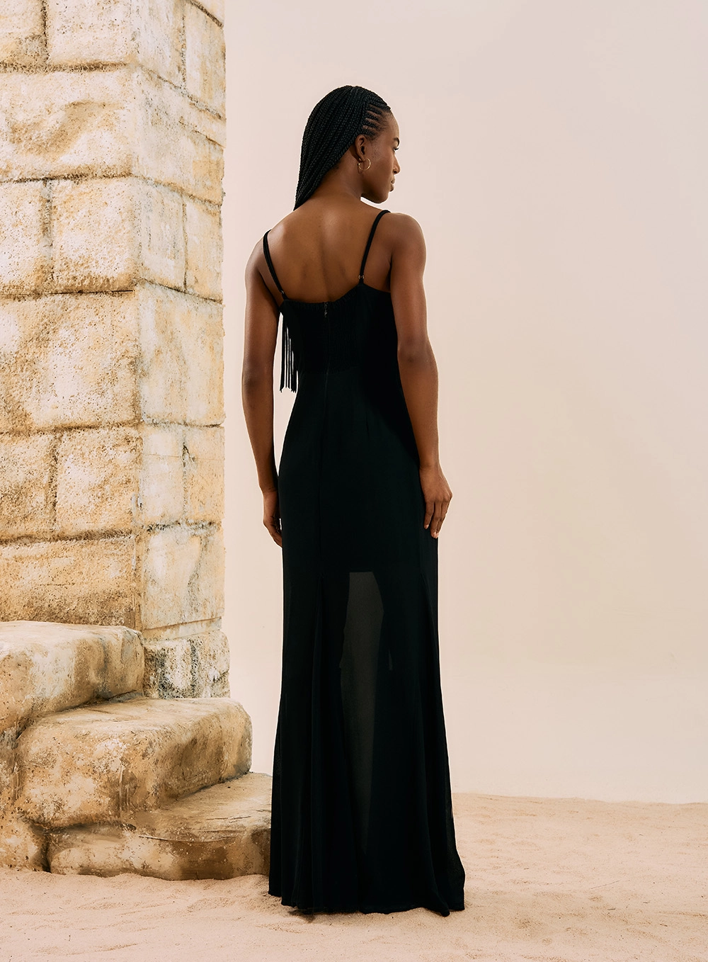 Vestido Longo Com Franjas Preto 3