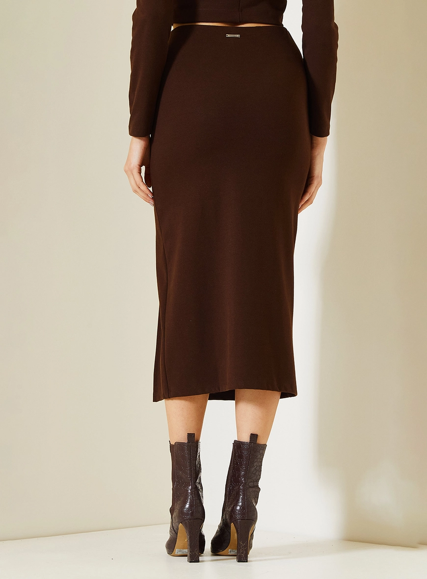 Saia Comfort Midi Com Fenda Lateral Com Franzido Marrom 4