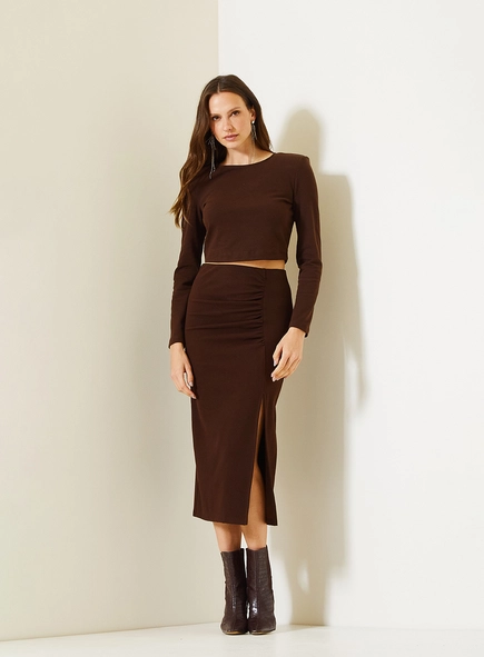 Saia Comfort Midi Com Fenda Lateral Com Franzido