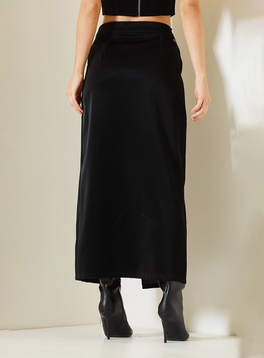 Saia Midi Comfort Com Fendal Frontal Em Pu Preto 4