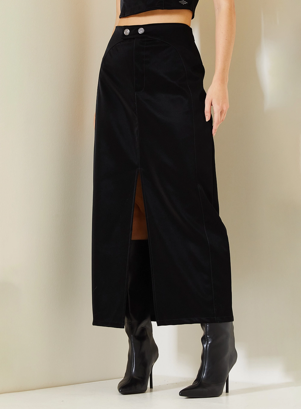 Saia Midi Comfort Com Fendal Frontal Em Pu Preto 2