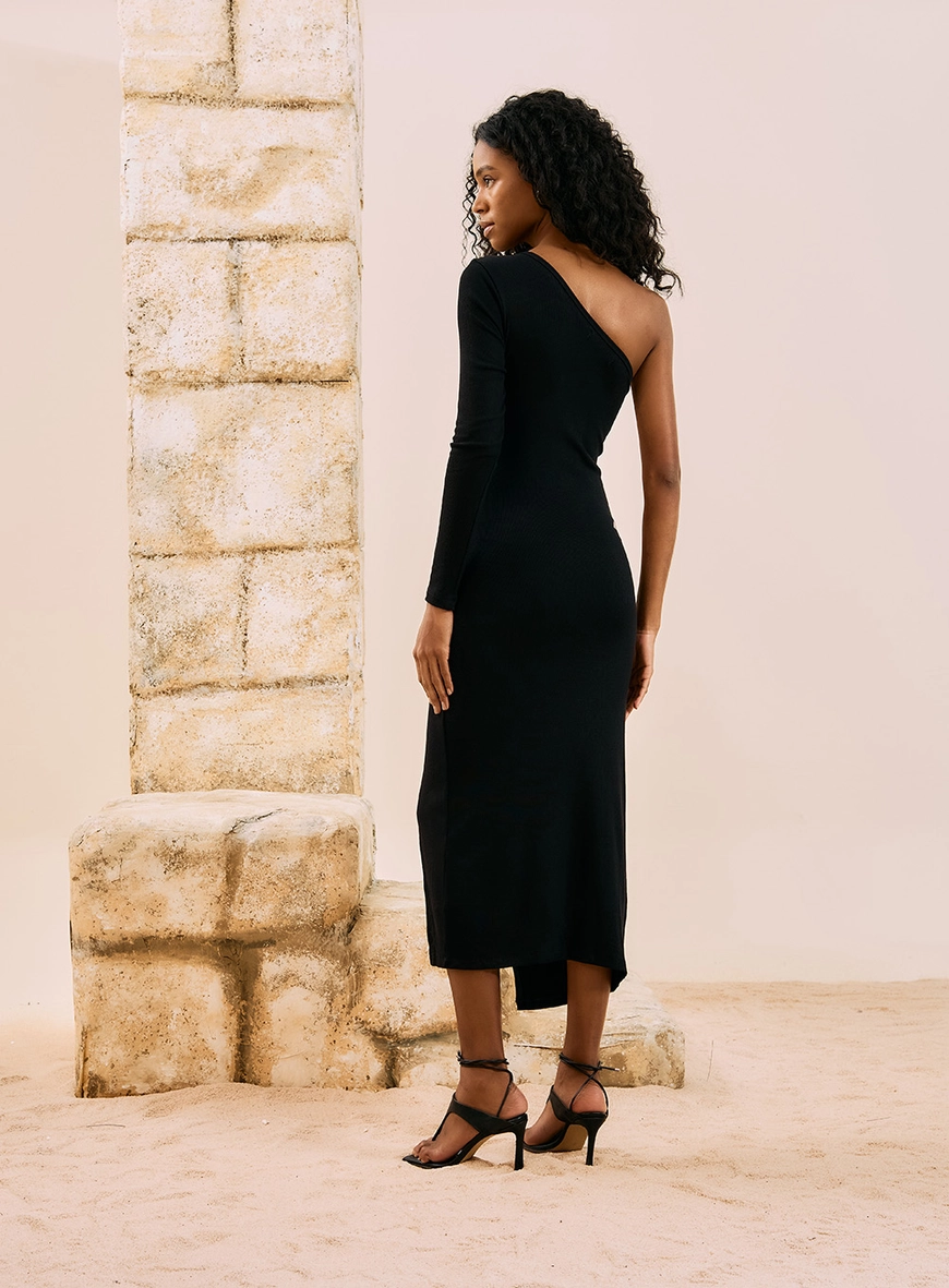 Vestido Midi Um Ombro Só Preto 3