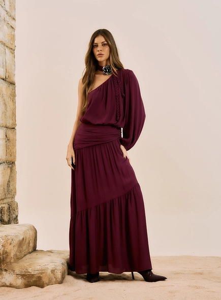 Vestido Um Ombro Só Drapeado Com Broche