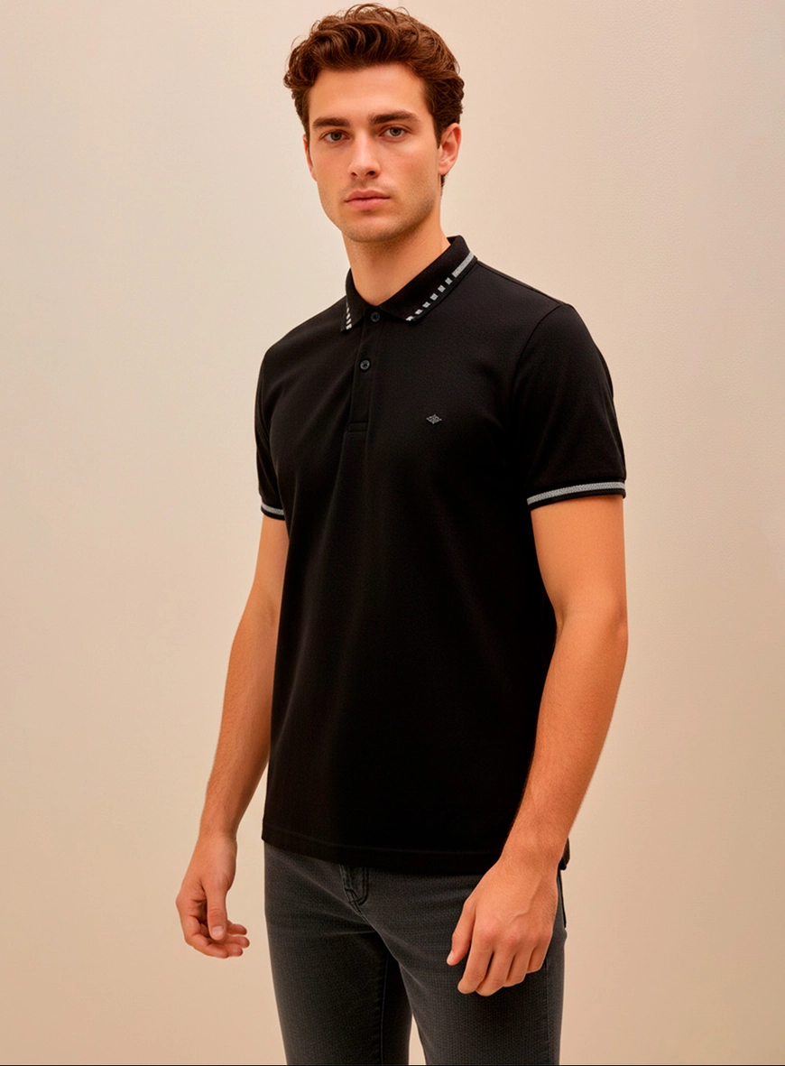 Polo Masculina New Com Linhas Contrastantes Preto 1